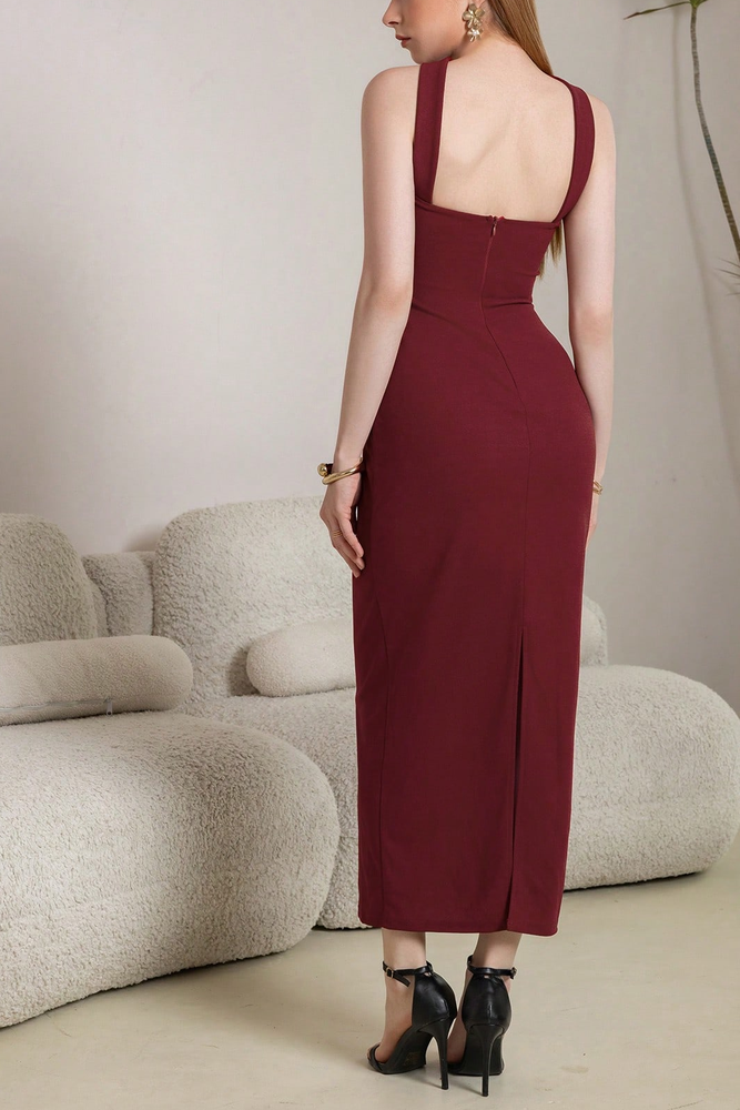 red halterneck suspender red bandeau midi dress