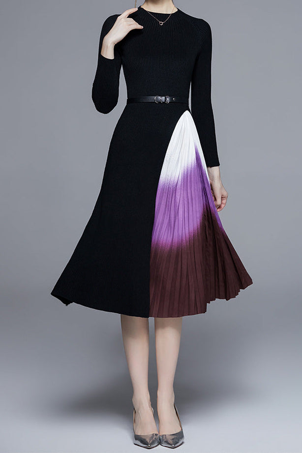 Knitted patchwork gradient pleated maxi dress