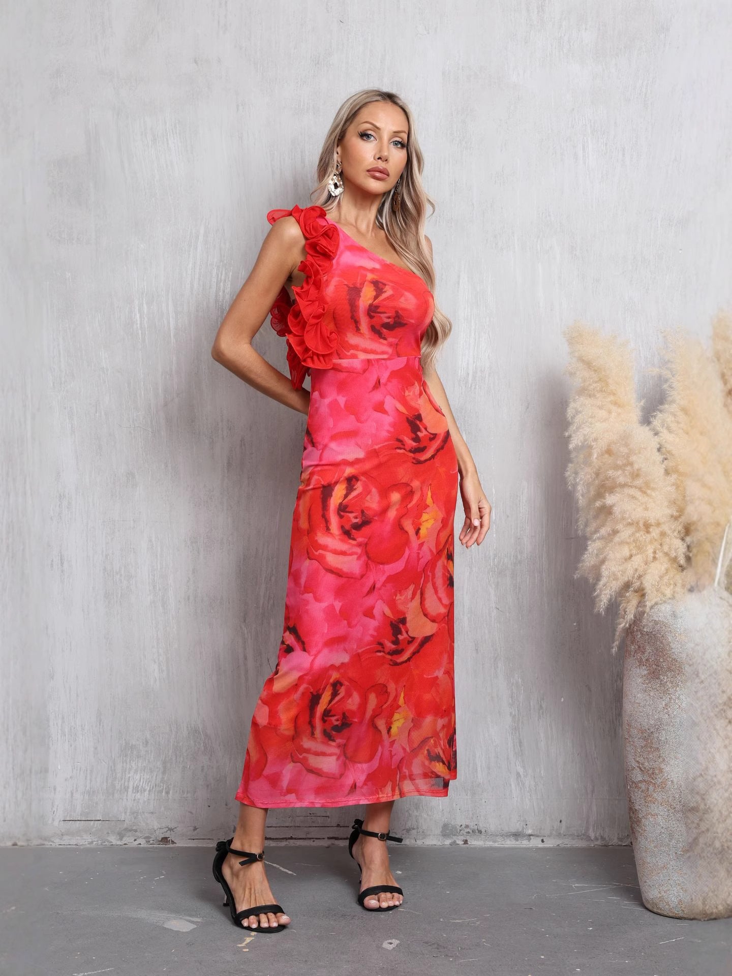 red sleeveless slanted shoulder floral printed dress