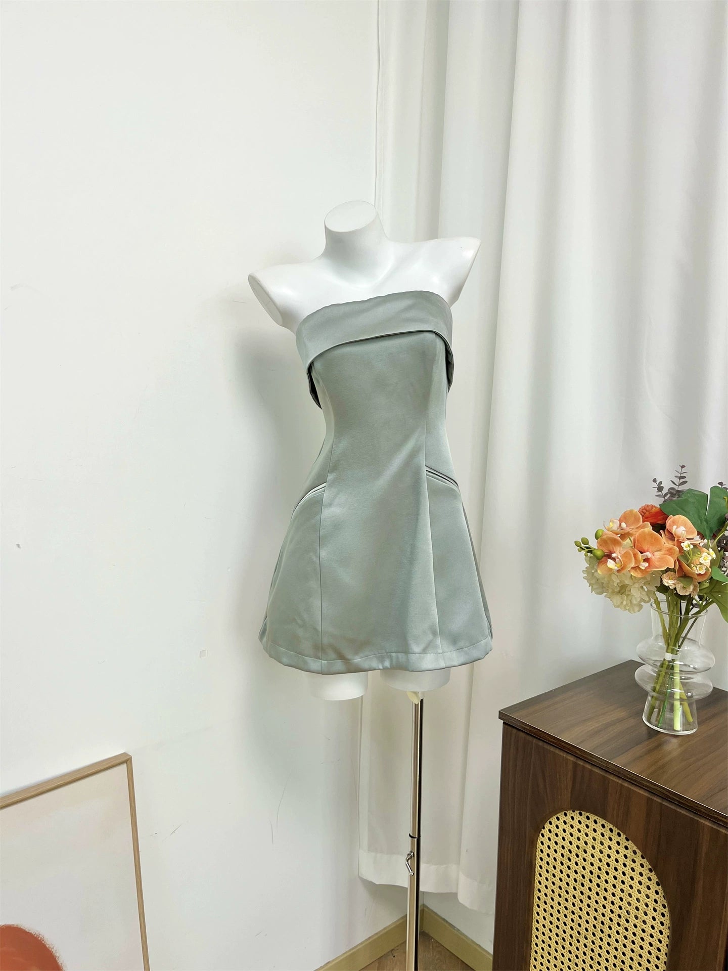 green satin bandeau mini dress
