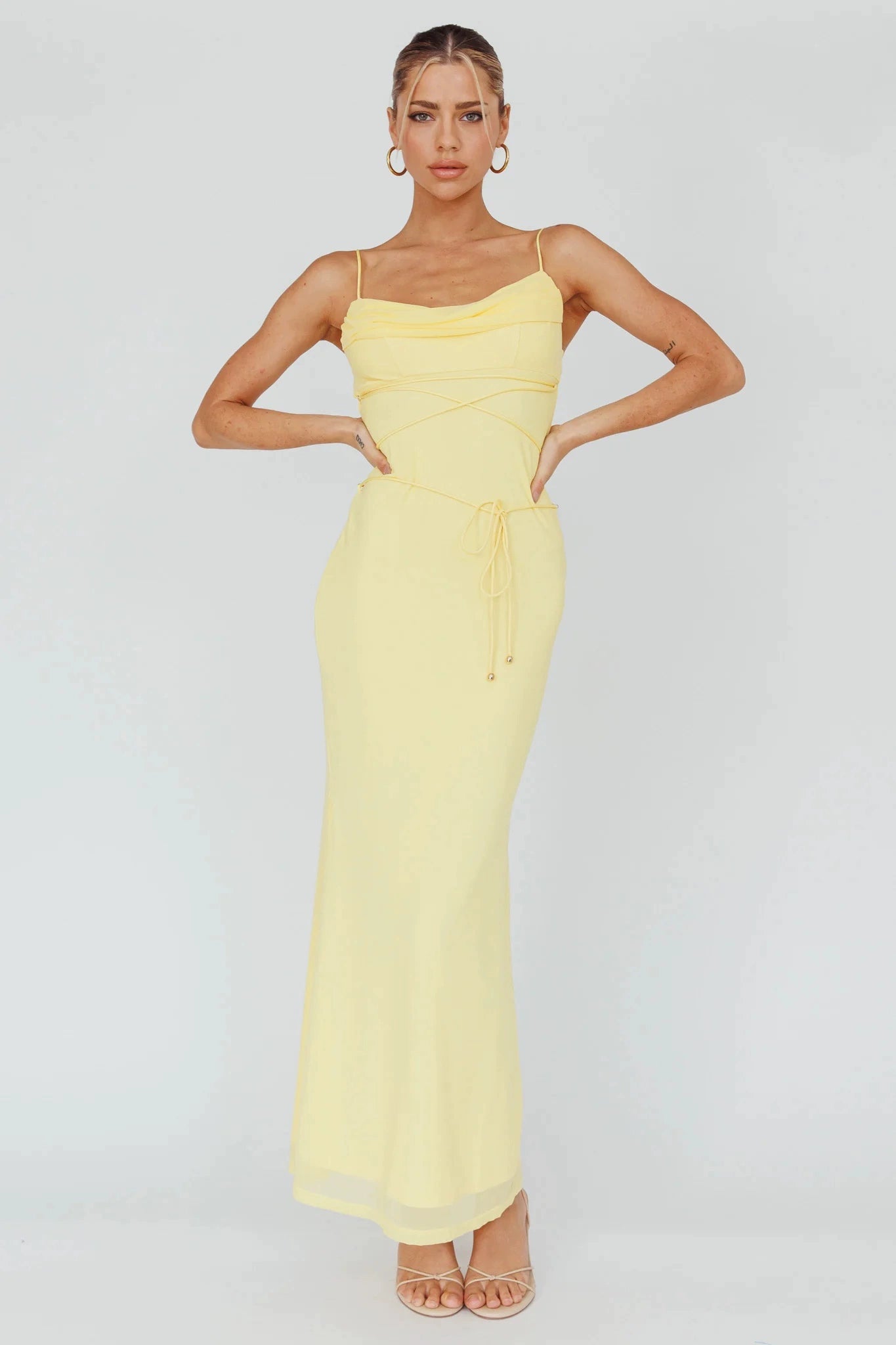 yellow mesh cross-strap suspender midi dress