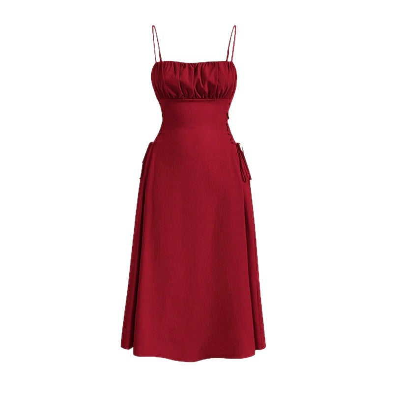 red Tie-up sleeveless suspender dress