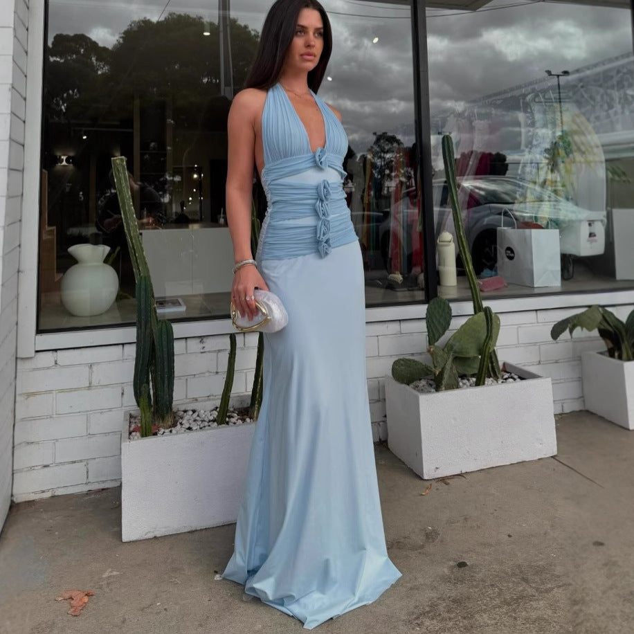 blue Floral backless halter neck tie maxi dress