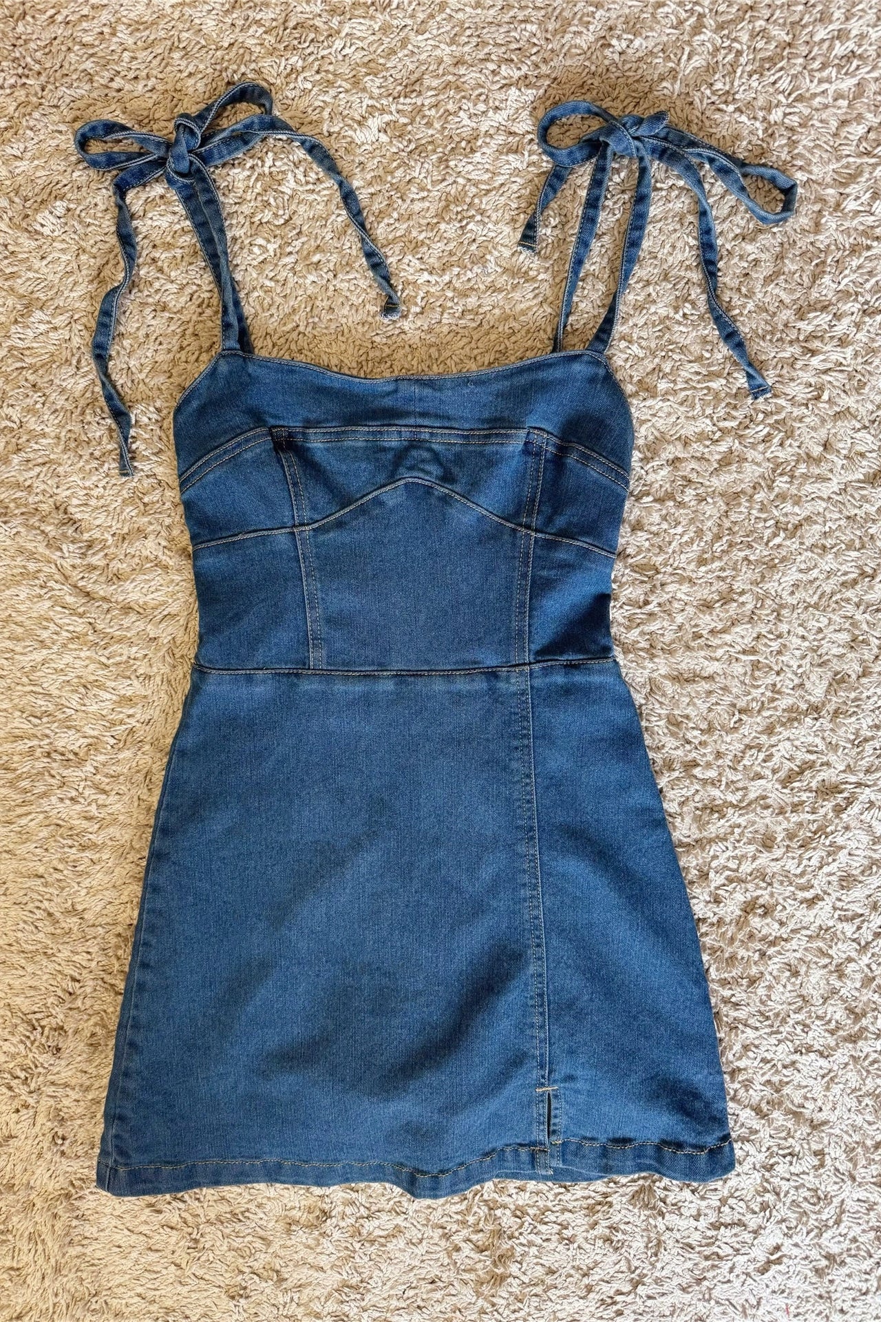 bow lace-up cotton denim dress