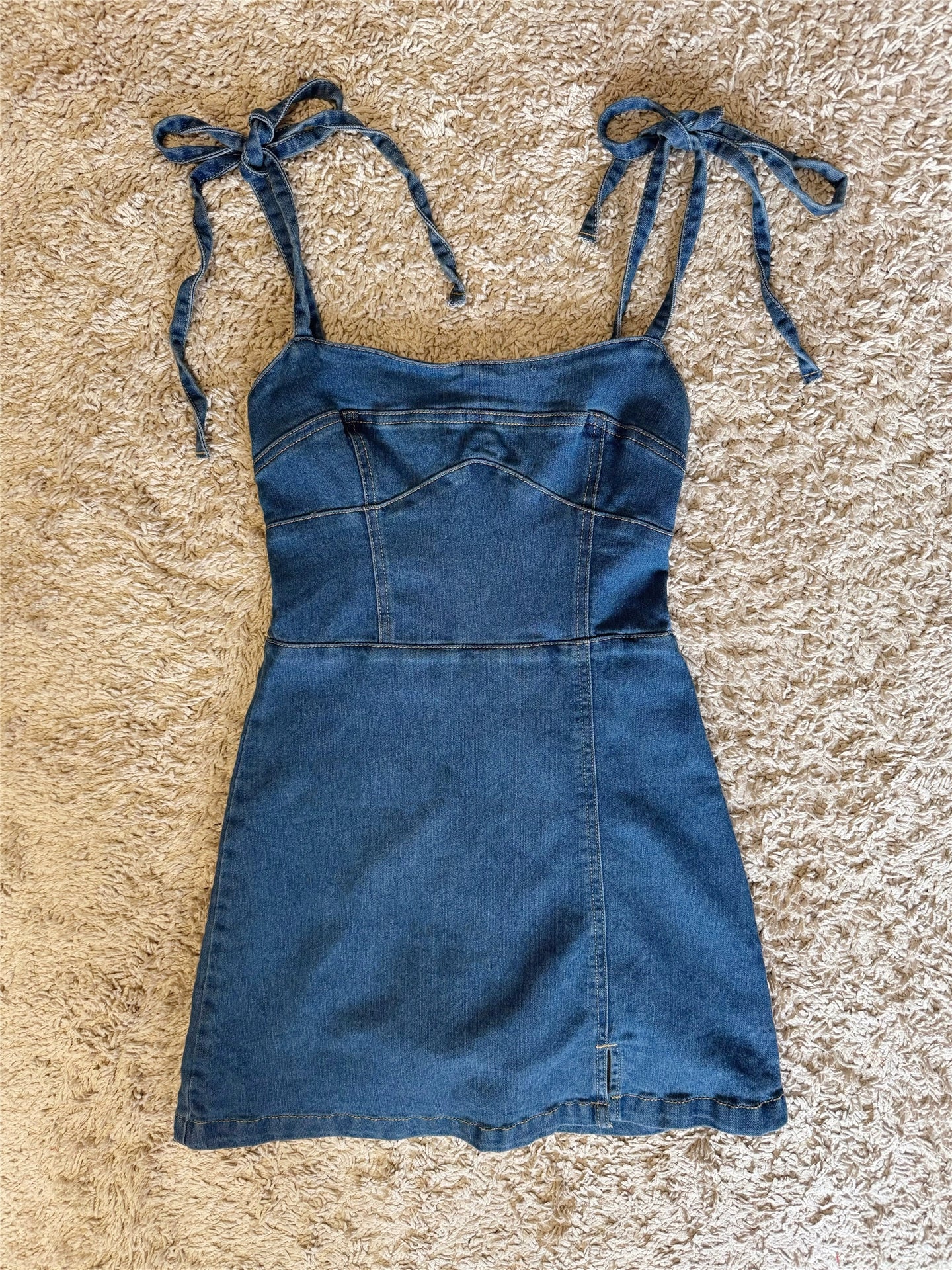bow lace-up cotton denim dress
