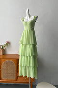 green ruffle suspender midi dress