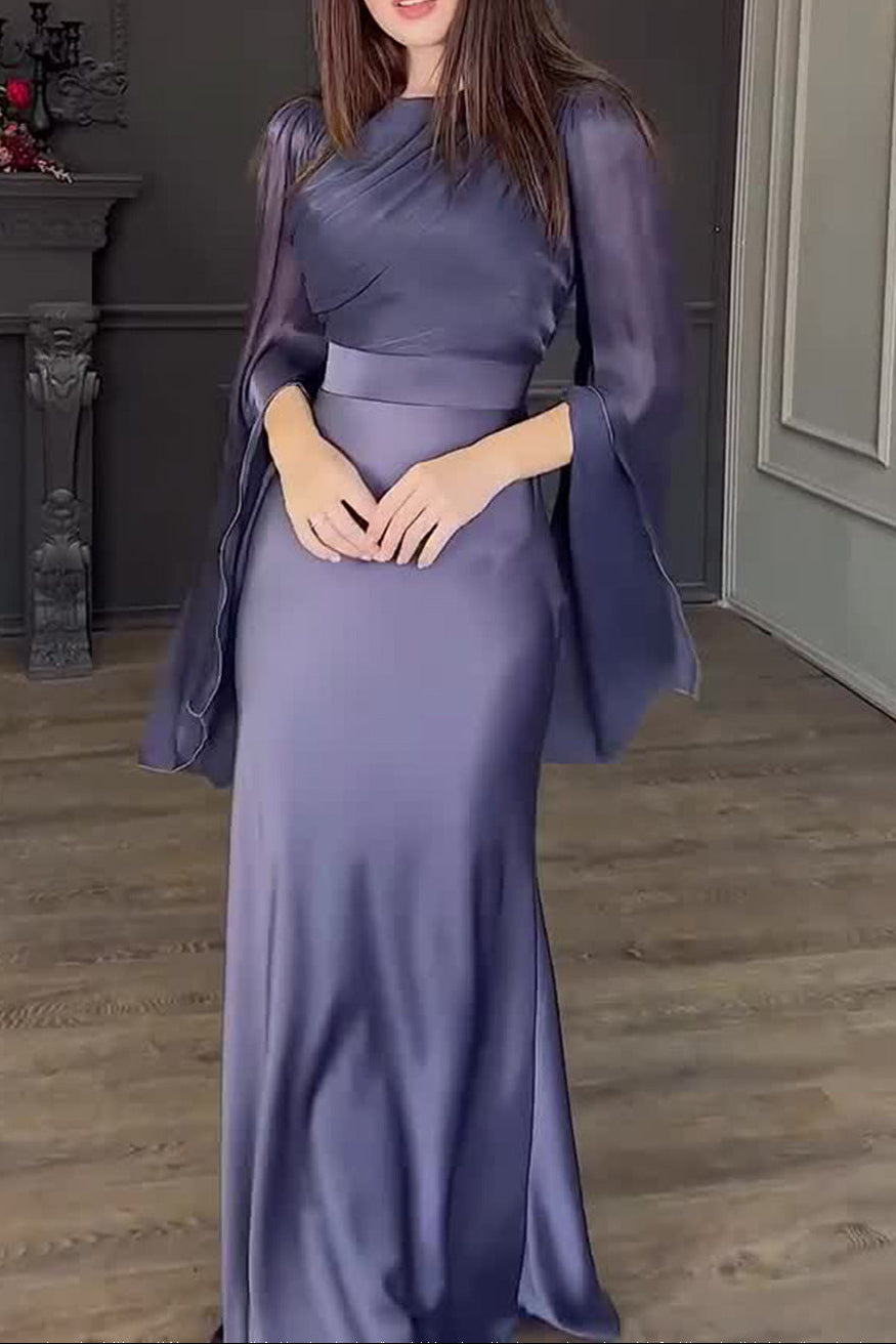 Spliced Glass Tulle Large Swing Sleeve Long Satin Slim Fit Dress