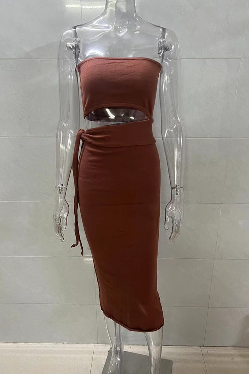 brown cut-out backless bandeau lace-up knitted dress