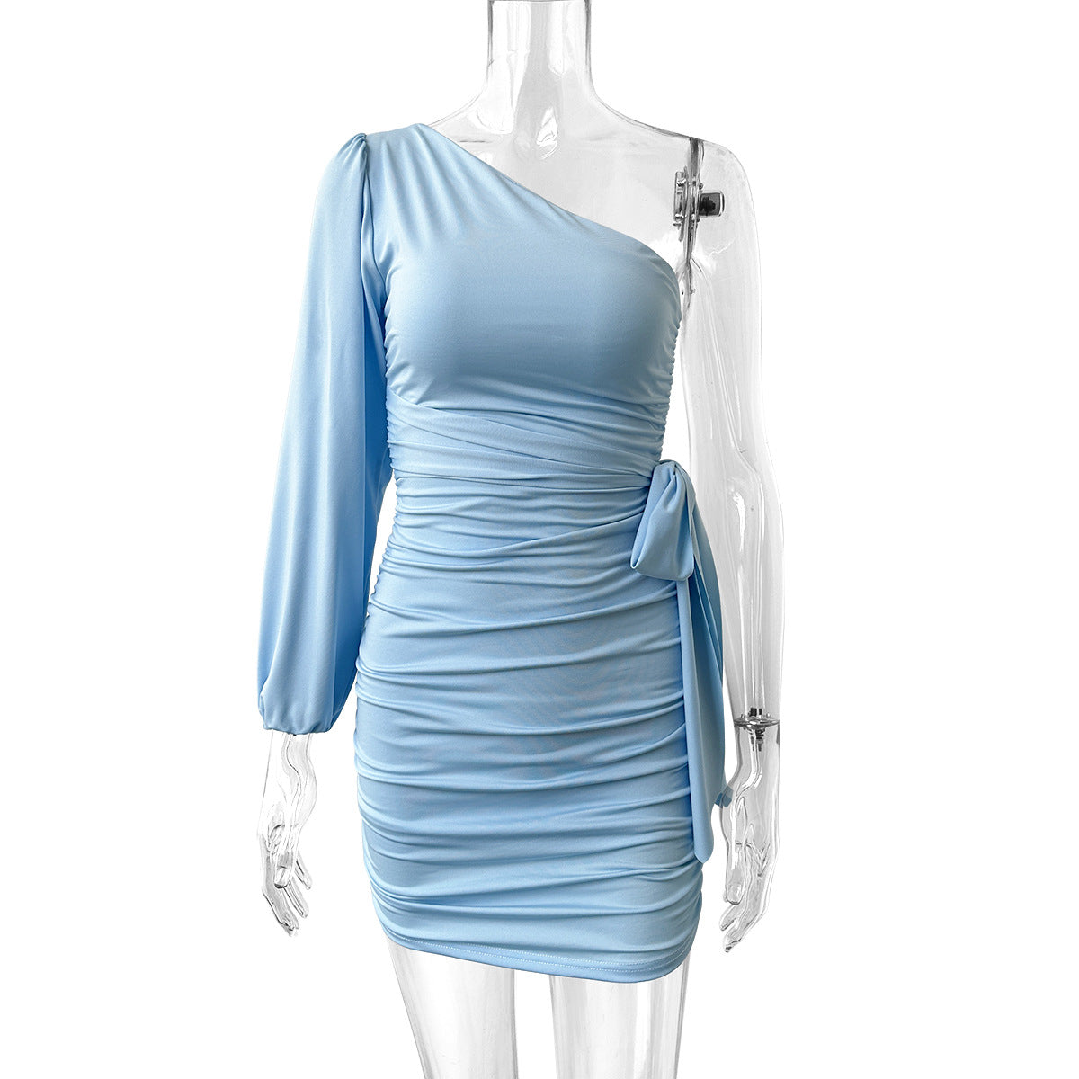 blue One-shoulder pleated long-sleeved mini dress