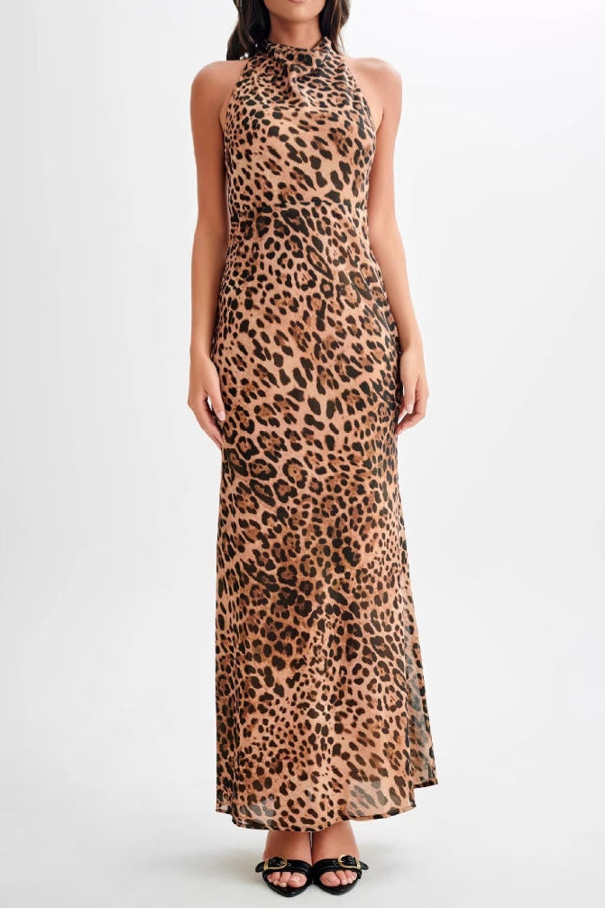 Backless halter neck leopard print dress