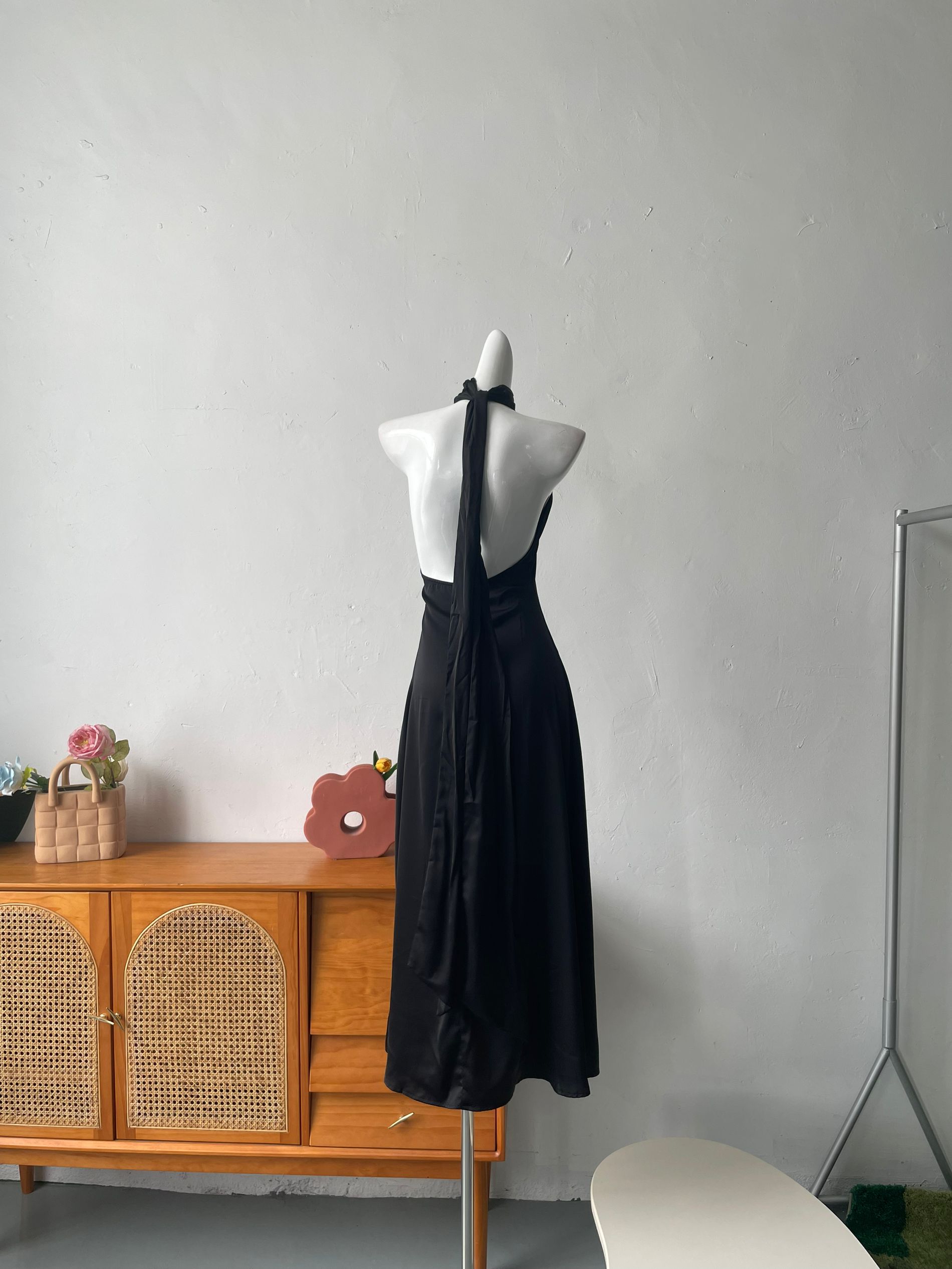 black halterneck off-the-shoulder dress