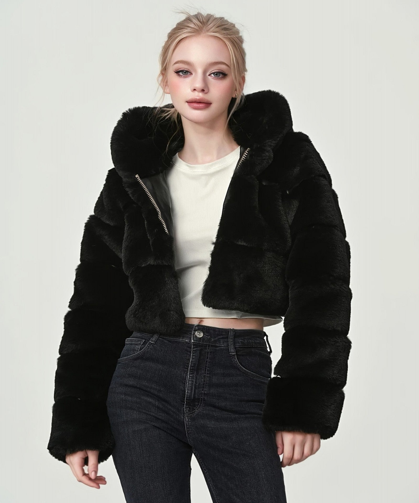 hooded imitation rabbit fur long sleeve spliced jacket