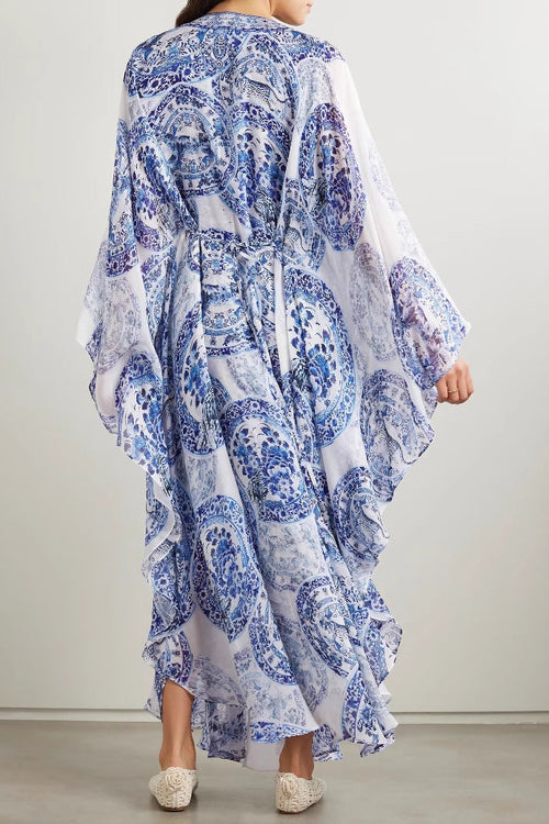 Blue and white porcelain print V-neck dress