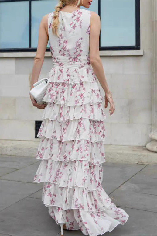 white chiffon print maxi dress