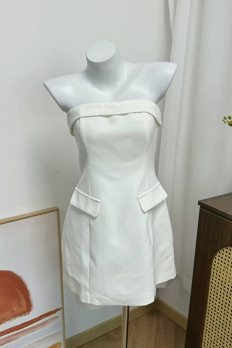 white sleeveless bandeau cinquet mini dress