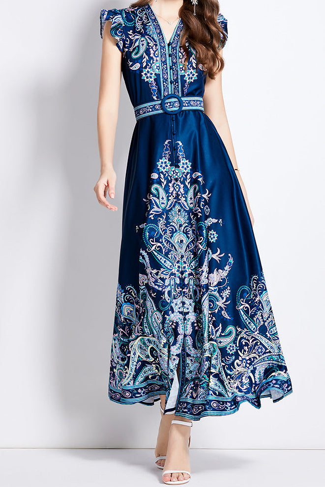 Printed V-neck lantern sleeve single-breasted dress