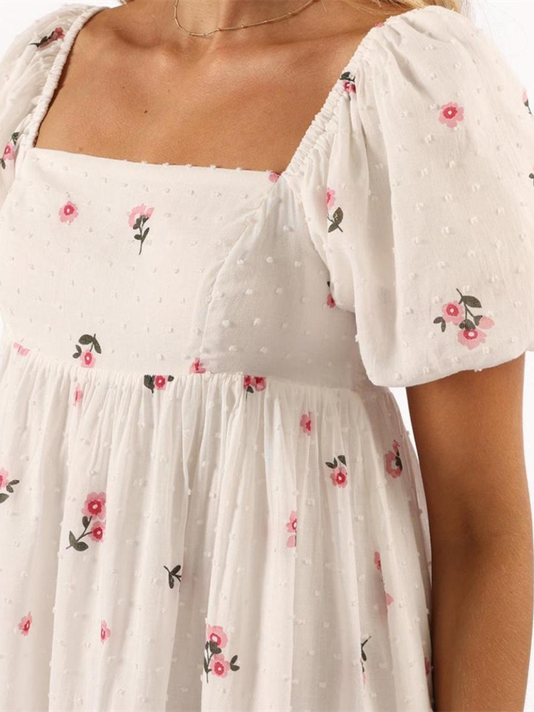 flower embroidery puff sleeve mini dress