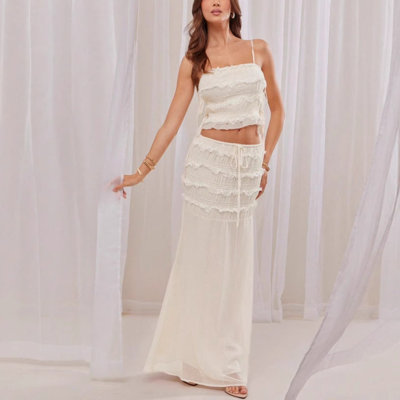 Lace-trimmed camisole top and skirt two-piece set