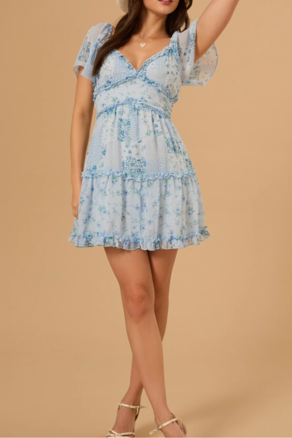 vintage floral lace V-neck waist mini dress