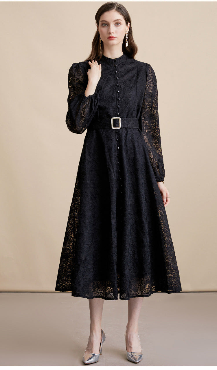 Lace embroidered stand-up collar single-breasted full skirt dress