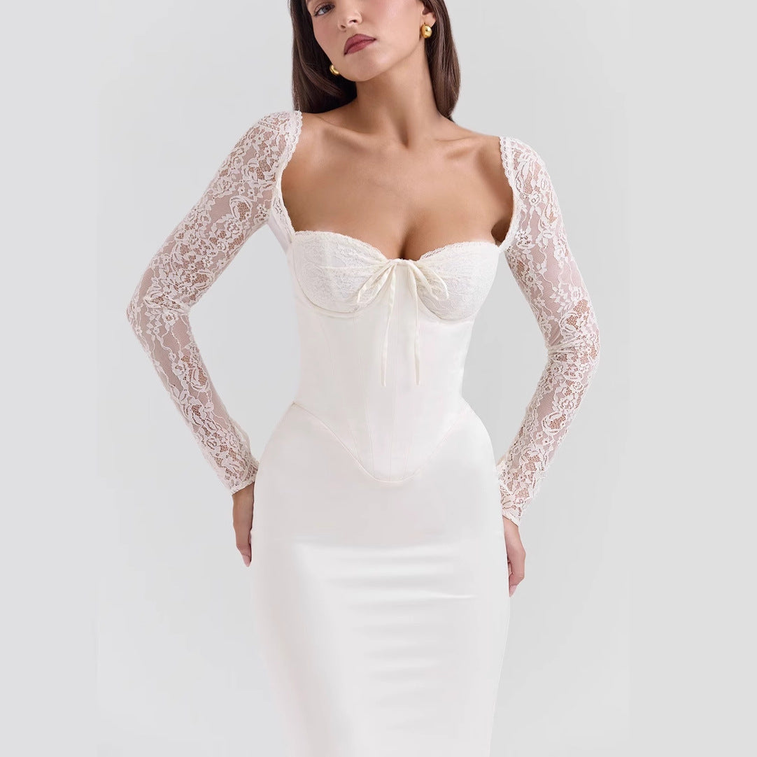 belle white Lace long-sleeved maxi dress