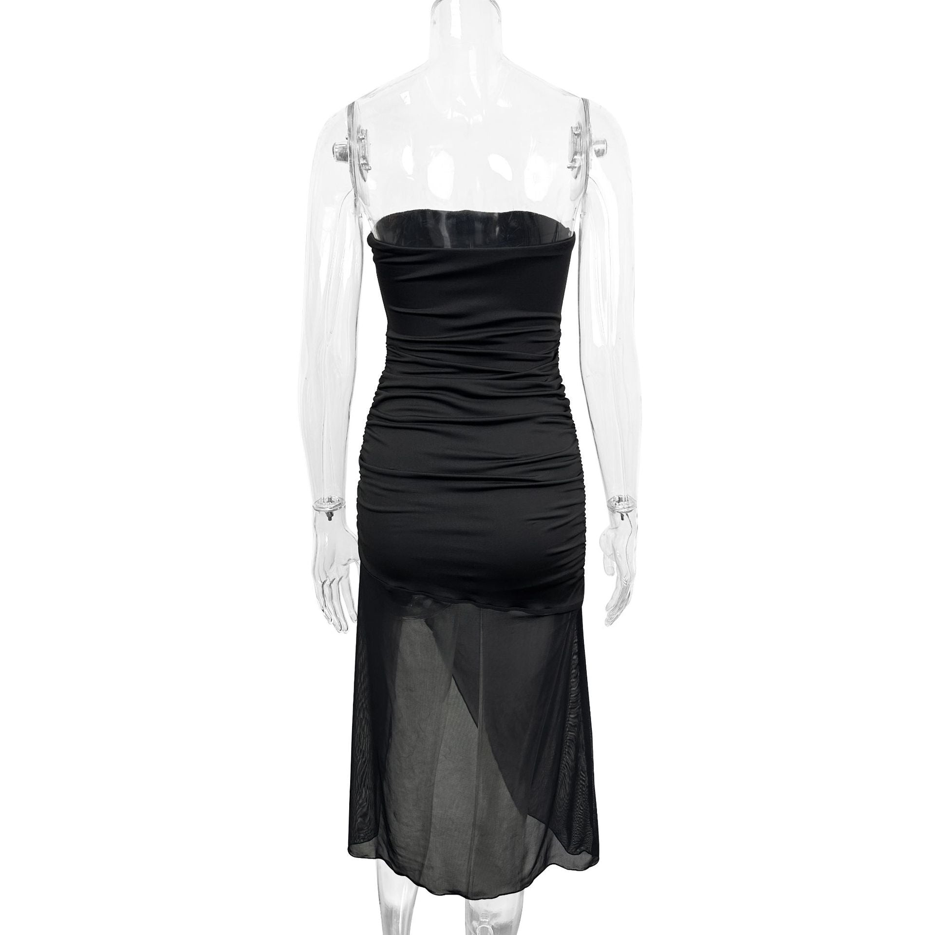 Strapless backless fitted mesh asymmetrical dress