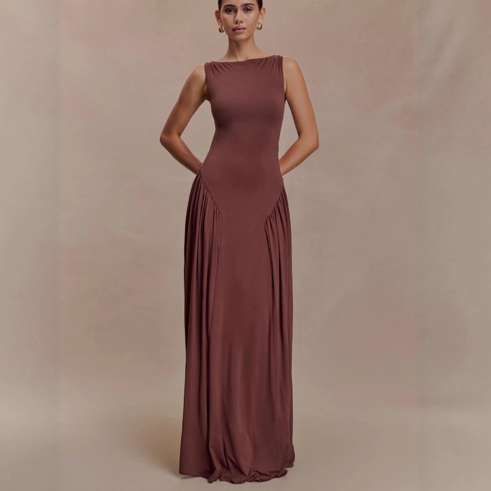 brown pleated one-line neck pleated open back dress