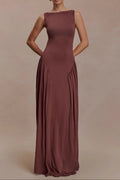 brown pleated one-line neck pleated open back dress
