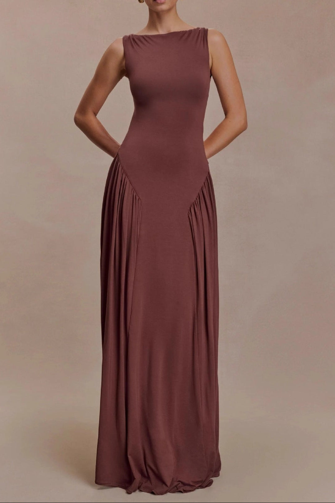 brown pleated one-line neck pleated open back dress