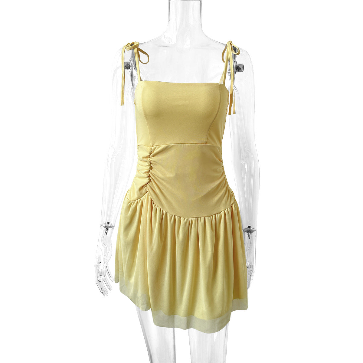 Spaghetti strap tie-up pleated mini dress