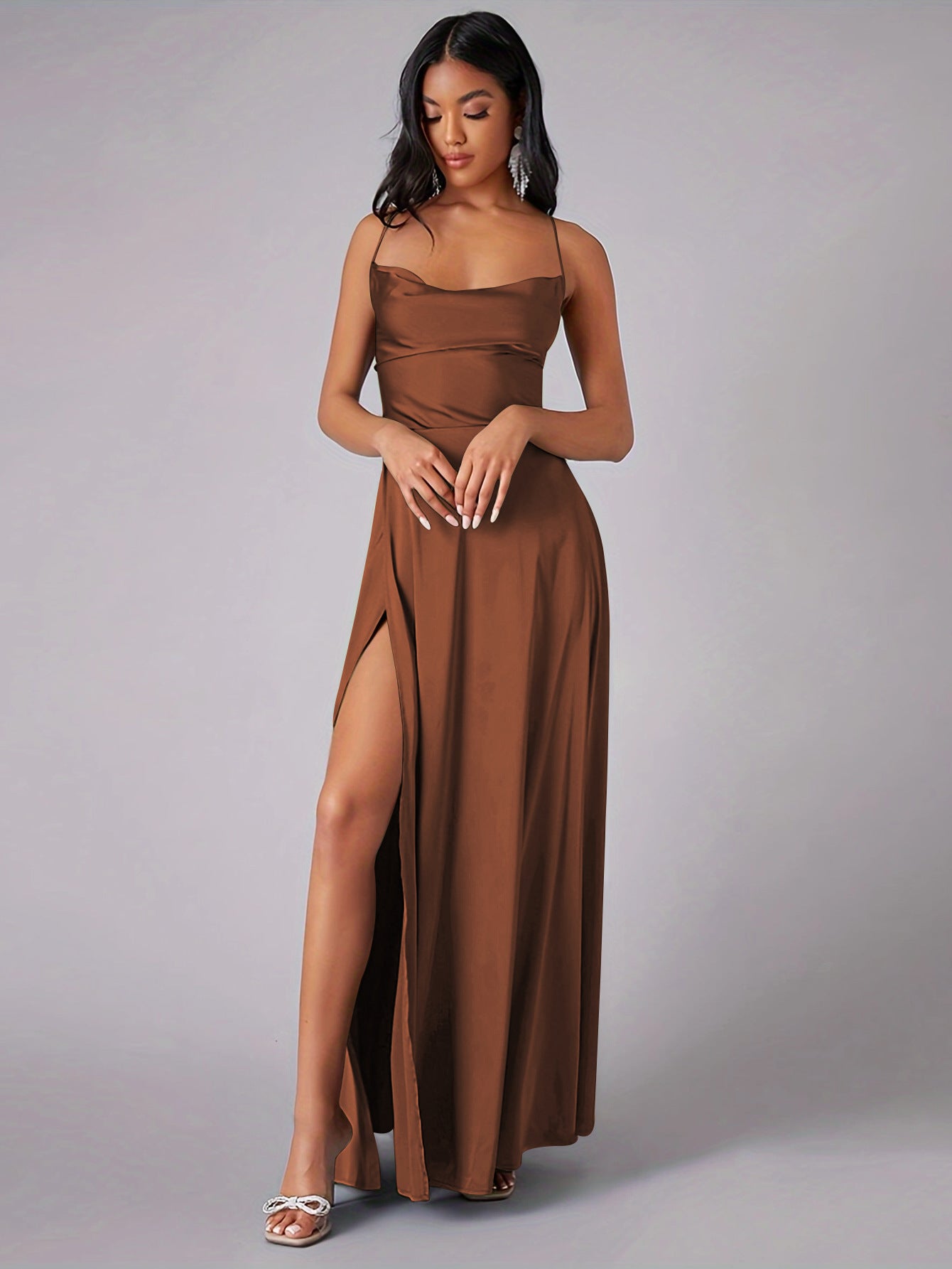Spaghetti strap slit fitted backless dress