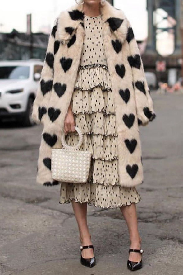 Heart-shaped faux fur thick long coat