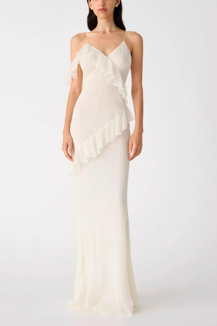 White backless ruffled halter maxi dress