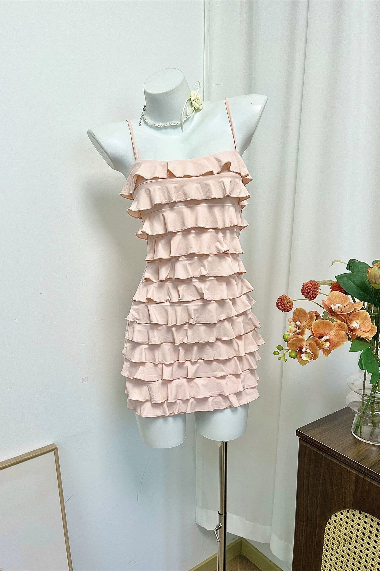 pink ruffled camisole mini dress