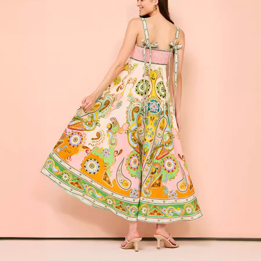 Spaghetti strap graffiti print sleeveless bow flared cotton linen dress