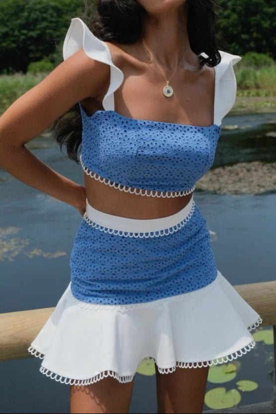 Ruffled camisole top and skirt set - white / Blue