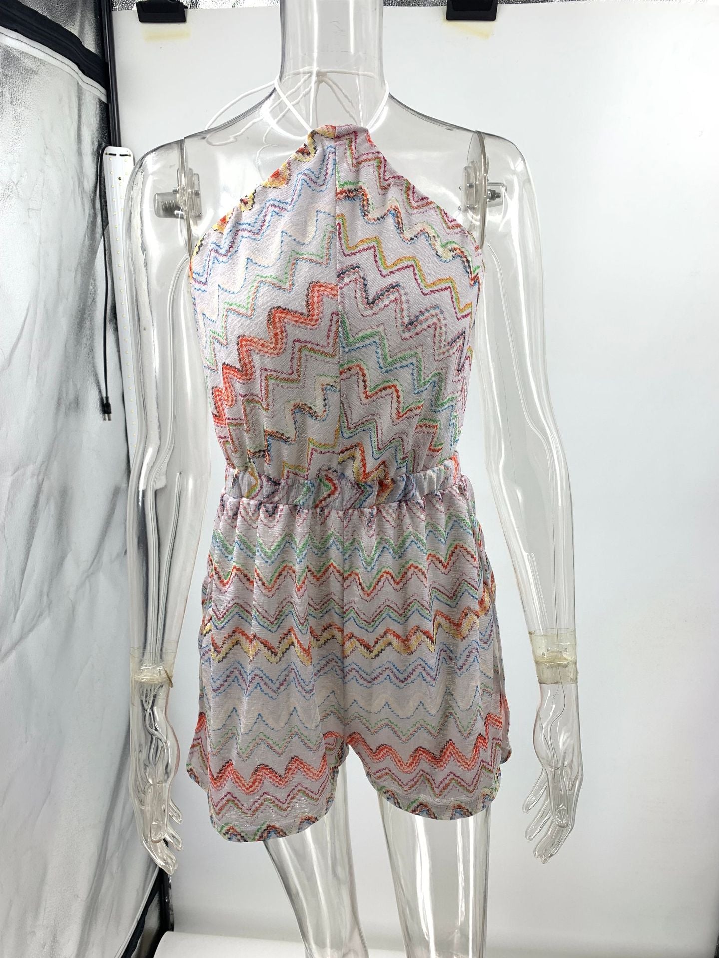 Print Colorful Wave Open Back Halterneck Slit Jumpsuit