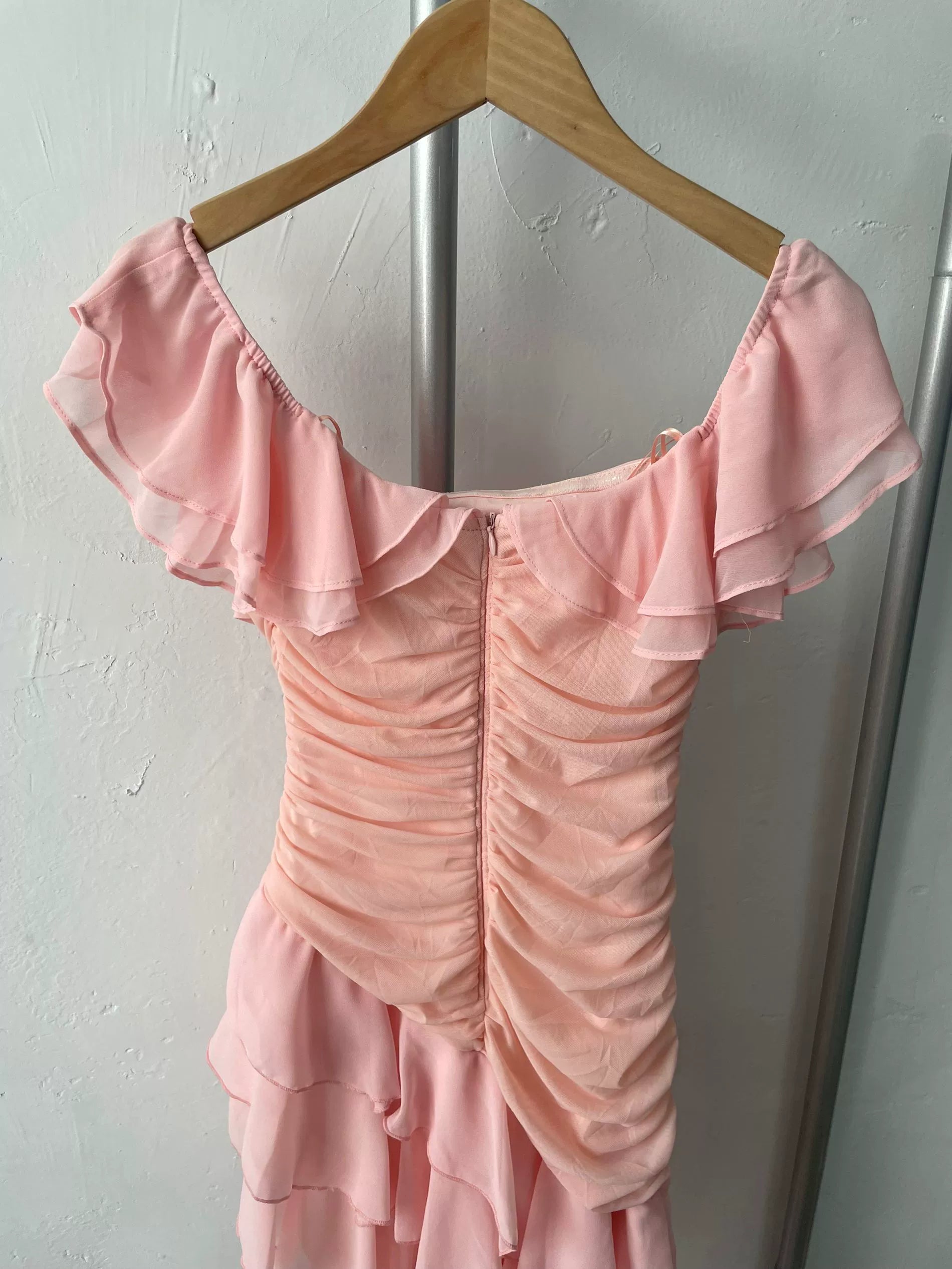 pink ruffle one shoulder mini dress