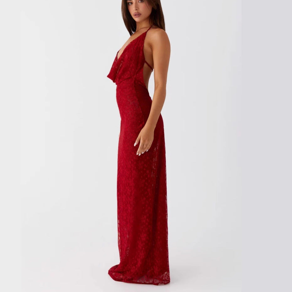 Lace-up long dress with open back and spaghetti straps - red