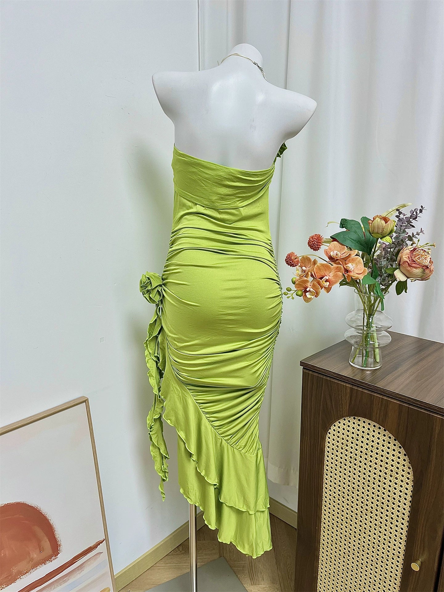 green flower side slit ruffled dress