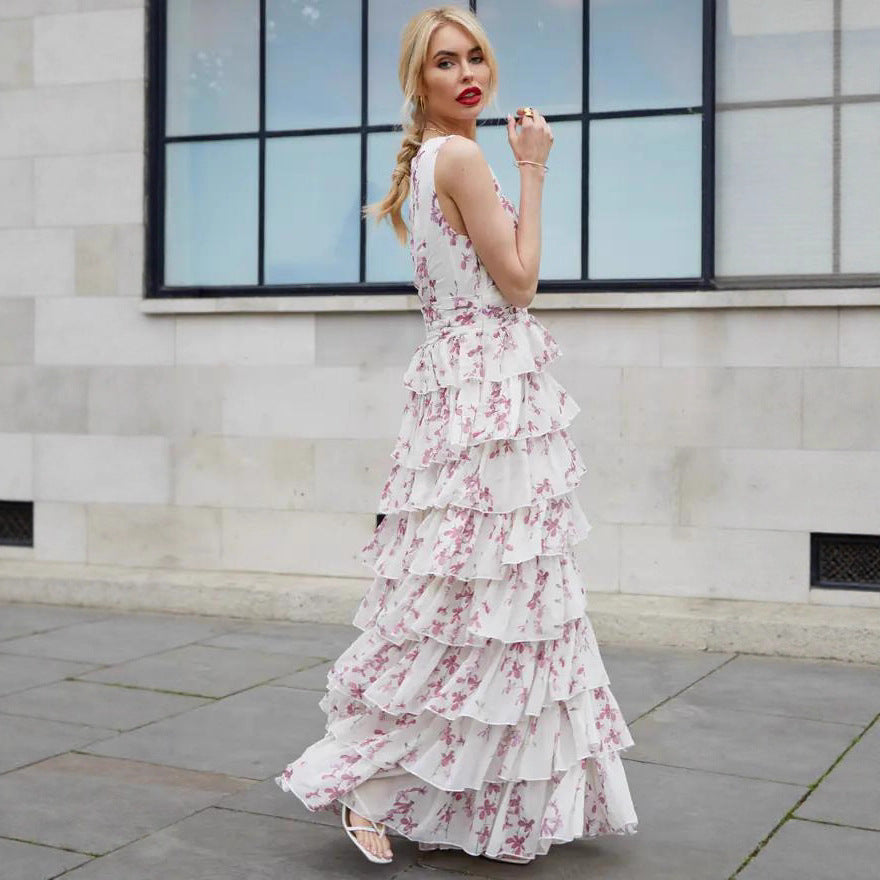 white chiffon print maxi dress