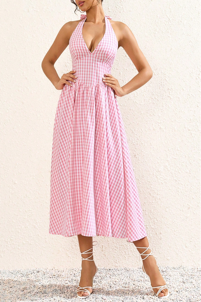 pink checkered halterneck tie sexy V-neck backless slip dress