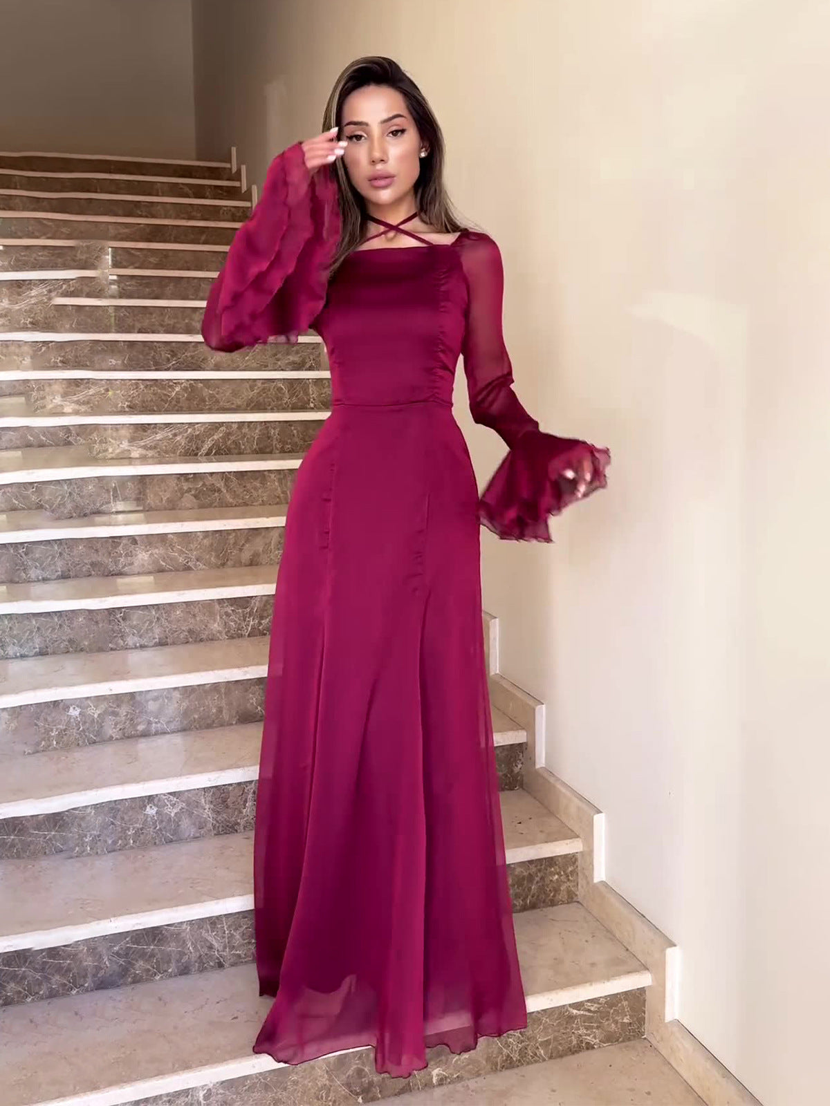 Chiffon Gentle Ruffles Flowing Strappy maxi Dress