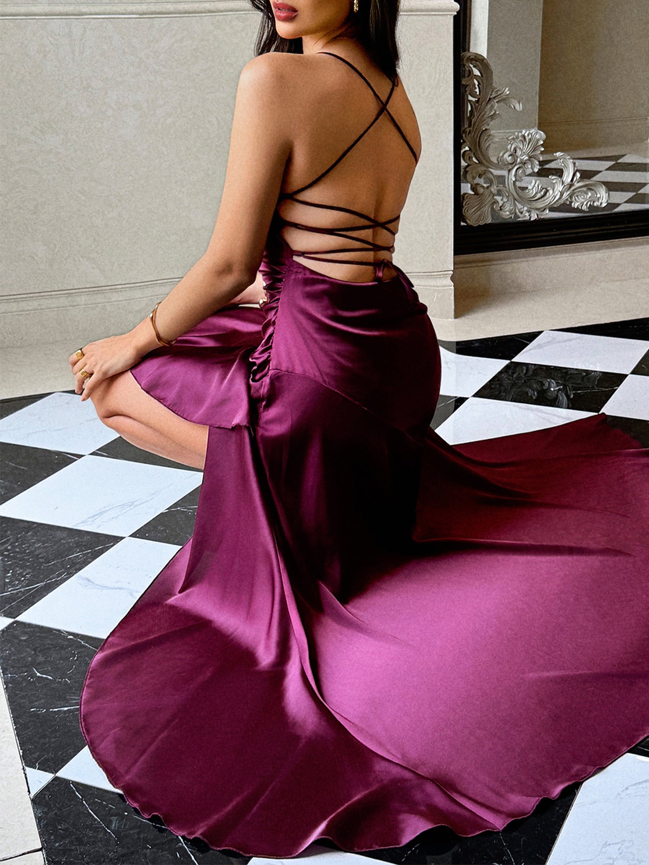 red wine suspender slits maxi dress