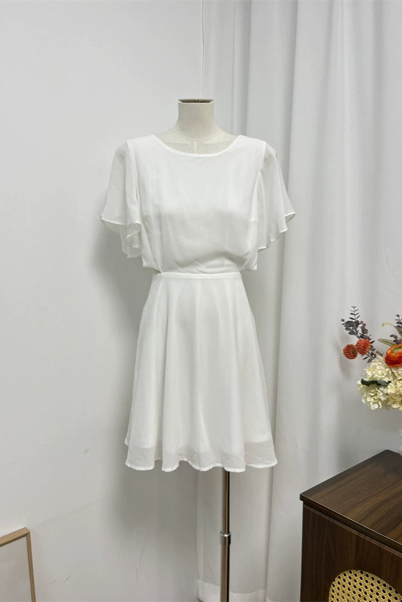 white butterfly sleeve chiffon waist open waist  mini dress