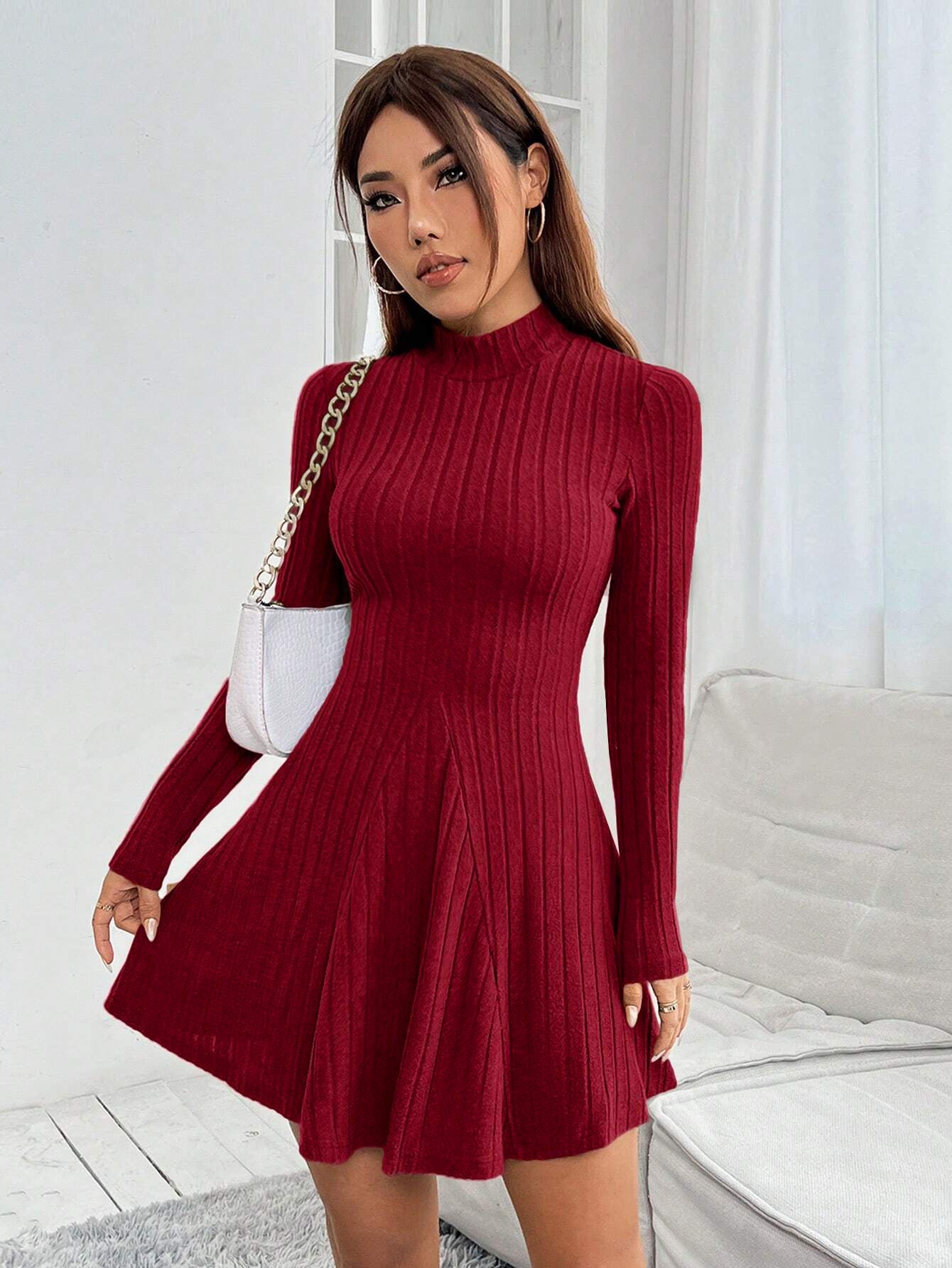 april red High-neck long-sleeved fitted A-line dress
