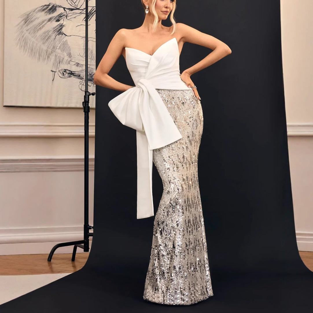 whtie V-neck strapless maxi dress