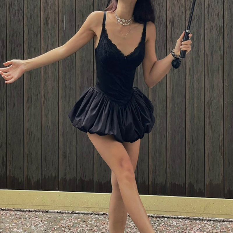 Lace-trimmed puffy mini dress