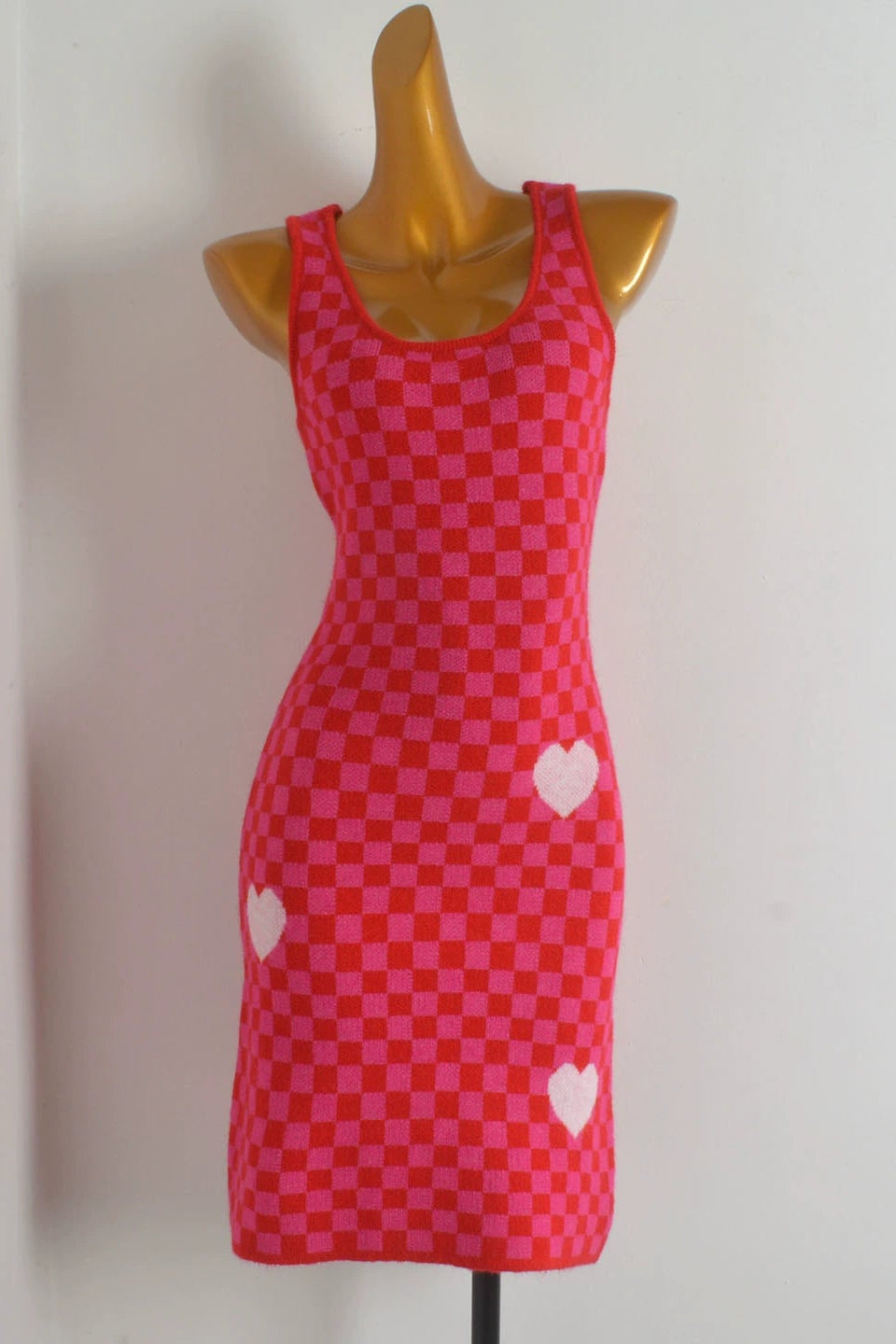 pink suspender checkerboard midi dress