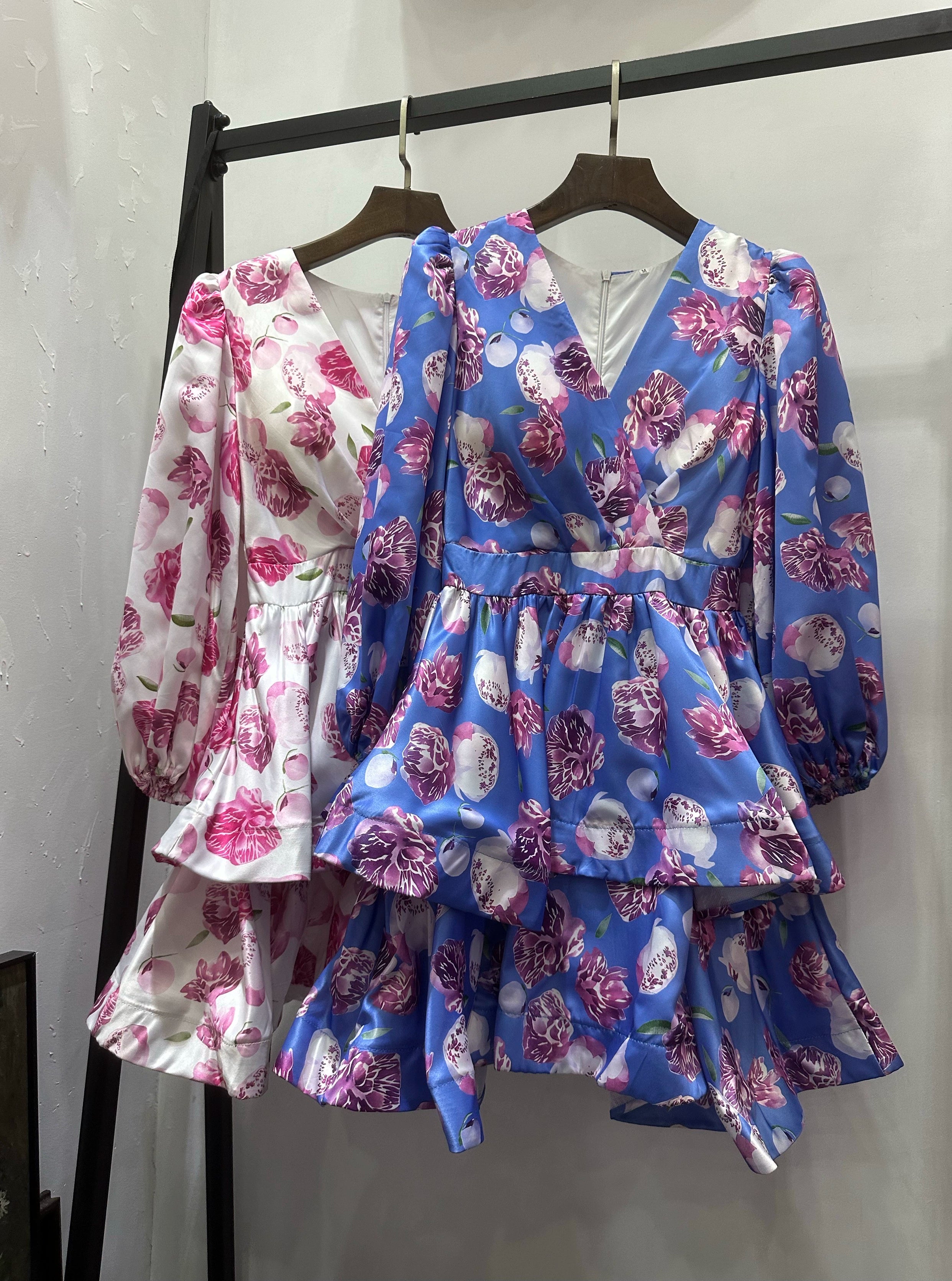 V-neck floral print double mini dress